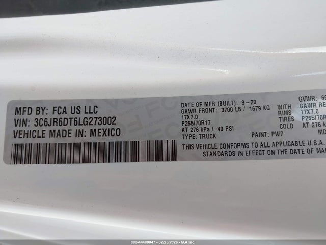 Aukcja sprzedaży 2020 Ram 1500 Classic Tradesman  4x2 8' Box, vin: 3C6JR6DT6LG273002, numer aukcji: 44480047