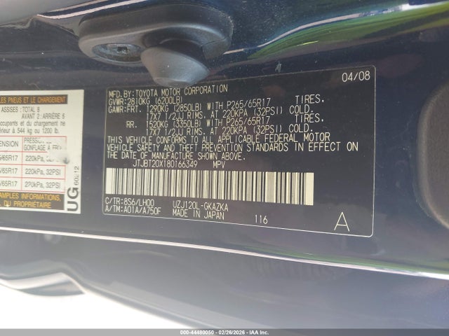 44480050 :رقم المزاد ، JTJBT20X180166349 vin ، 2008 Lexus Gx 470 مزاد بيع