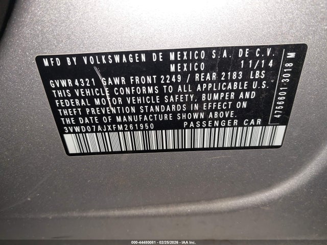 Aukcja sprzedaży 2015 Volkswagen Jetta 1.8t Se, vin: 3VWD07AJXFM261950, numer aukcji: 44480081
