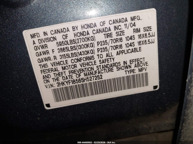 2005 Honda Pilot Ex-l მანქანა იყიდება აუქციონზე, vin: 2HKYF18565H527252, აუქციონის ნომერი: 44480082