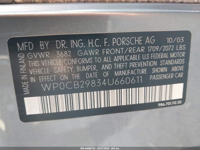 Продажа на аукционе авто 2004 Porsche Boxster, vin: WP0CB29834U660611, номер лота: 44480130