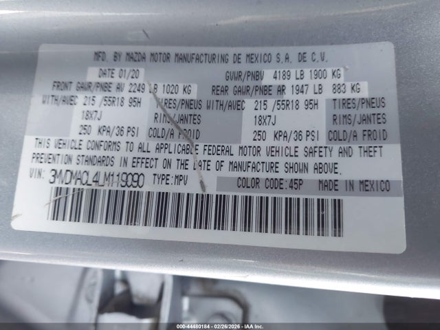 44480184 :رقم المزاد ، 3MVDMACL4LM119090 vin ، 2020 Mazda Cx-30 Select Package مزاد بيع