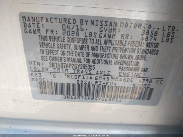 3N1AB7AP2GY265055 Nissan Sentra Fe+ S/s/sl/sr/sv