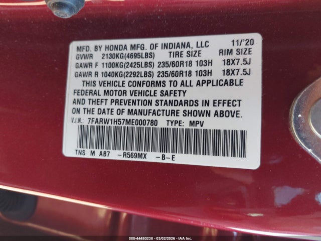 7FARW1H57ME000780 Honda Cr-v 2wd Ex