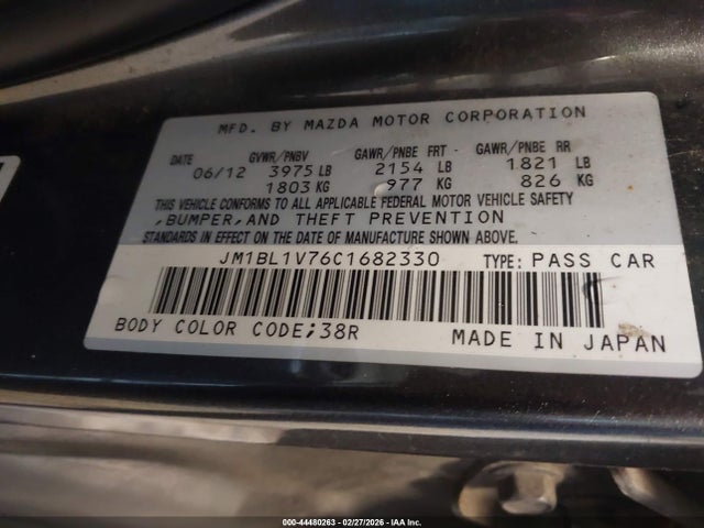 Aukcja sprzedaży 2012 Mazda Mazda3 I Touring, vin: JM1BL1V76C1682330, numer aukcji: 44480263