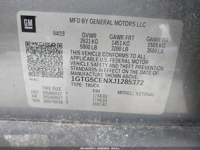44480274 :رقم المزاد ، 1GTG5CENXJ1285372 vin ، 2018 Gmc Canyon Sle مزاد بيع
