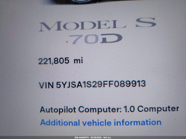 2015 Tesla Model S 70d/85d/p85d მანქანა იყიდება აუქციონზე, vin: 5YJSA1S29FF089913, აუქციონის ნომერი: 44480278