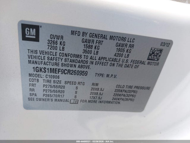 Aukcja sprzedaży 2012 Gmc Yukon Xl 1500 Denali, vin: 1GKS1MEF9CR260959, numer aukcji: 44480321