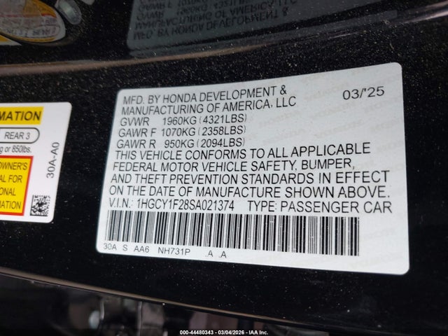 44480343 :رقم المزاد ، 1HGCY1F28SA021374 vin ، 2025 Honda Accord Lx مزاد بيع