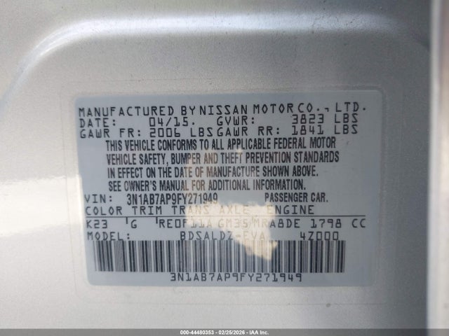 44480353 :رقم المزاد ، 3N1AB7AP9FY271949 vin ، 2015 Nissan Sentra Sv مزاد بيع