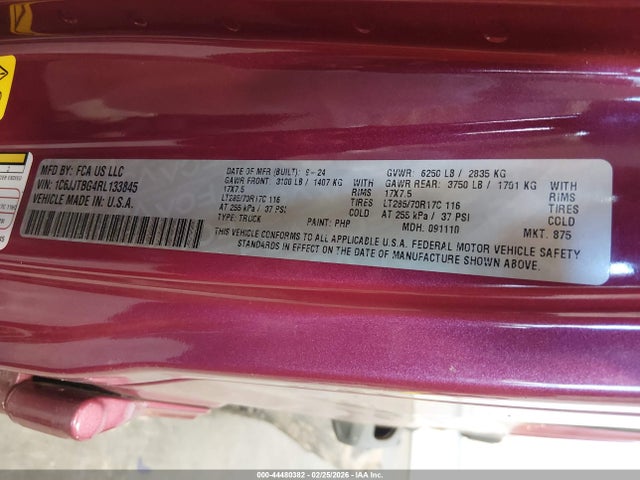 2024 Jeep Gladiator Rubicon მანქანა იყიდება აუქციონზე, vin: 1C6JJTBG4RL133845, აუქციონის ნომერი: 44480382