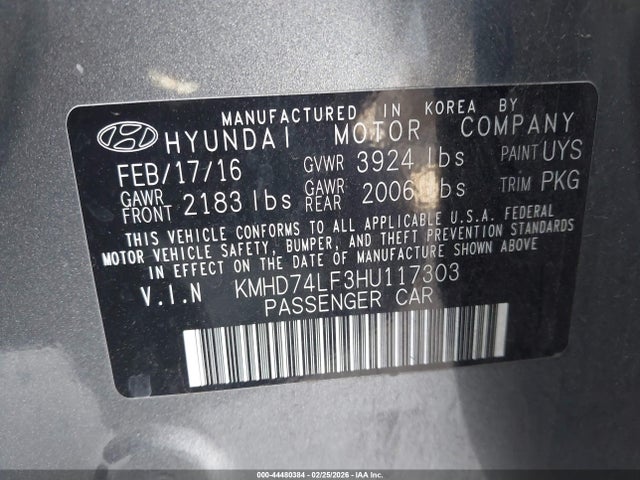 KMHD74LF3HU117303 Hyundai ELANTRA SE