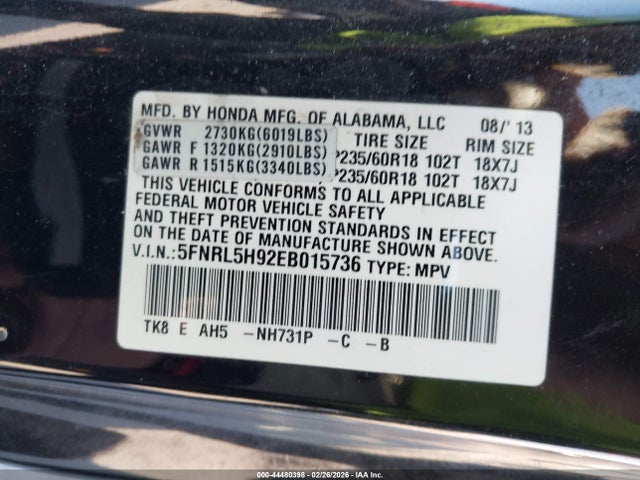 Продажа на аукционе авто 2014 Honda Odyssey Touring/touring Elite, vin: 5FNRL5H92EB015736, номер лота: 44480398