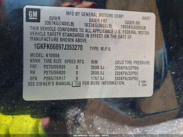Aukcja sprzedaży 2007 Gmc Yukon Xl 1500 Denali, vin: 1GKFK66897J353270, numer aukcji: 44480426