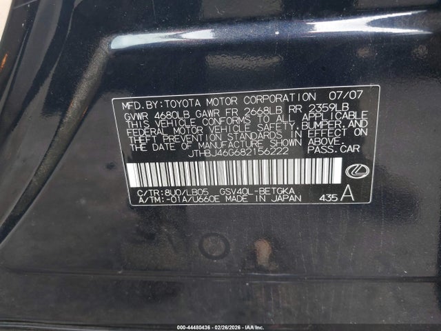 Aukcja sprzedaży 2008 Lexus Es 350, vin: JTHBJ46G682156222, numer aukcji: 44480436