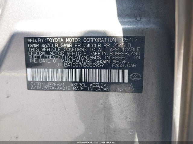 44480438 :رقم المزاد ، JTHBA1D27H5053959 vin ، 2017 Lexus Is 200t مزاد بيع