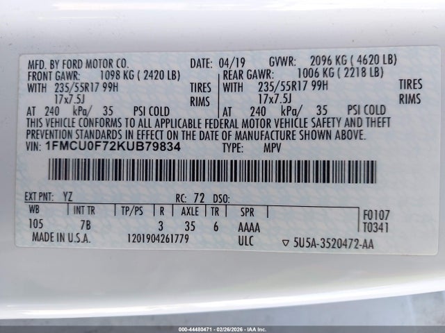 1FMCU0F72KUB79834 Ford ESCAPE S