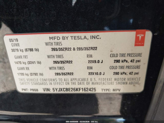 Aukcja sprzedaży 2019 Tesla Model X 100d/75d/long Range, vin: 5YJXCBE26KF162425, numer aukcji: 44480486