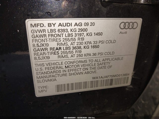 Продаж на аукціоні авто 2021 Audi Q7 Premium 45 Tfsi Quattro Tiptronic, vin: WA1AJAF75MD013654, номер лоту: 44480491