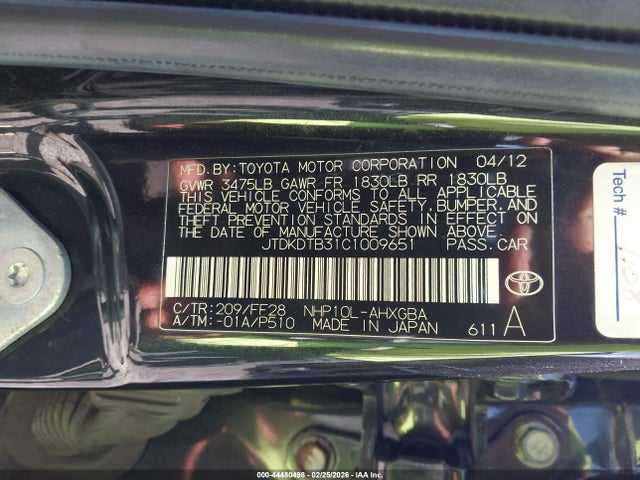 44480498 :رقم المزاد ، JTDKDTB31C1009651 vin ، 2012 Toyota Prius C Three مزاد بيع