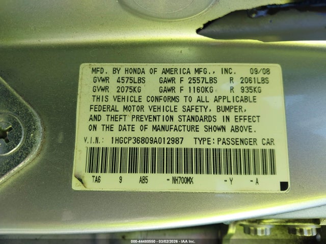 2009 HONDA ACCORD SDN 1HGCP36809A012987 Photo 8
