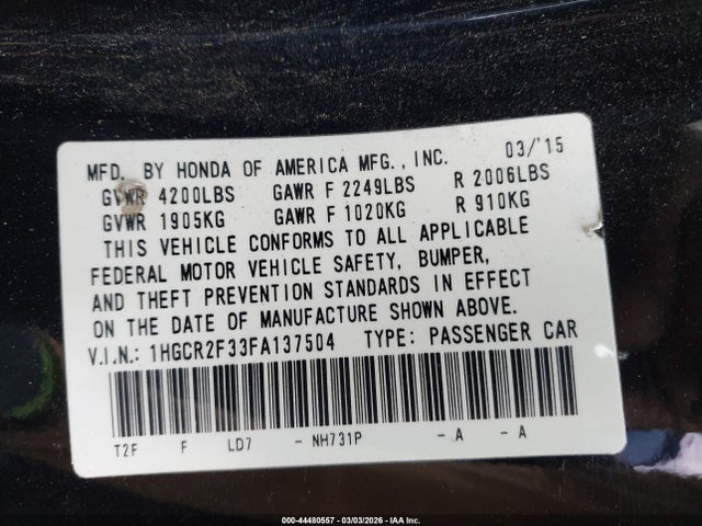Honda ACCORD LX 2015 1HGCR2F33FA137504 Image 9