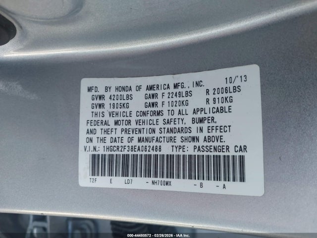 Honda ACCORD LX 2014 1HGCR2F38EA062488 Image 9