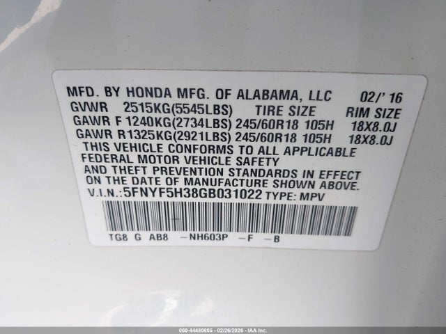 5FNYF5H38GB031022 Honda Pilot Ex