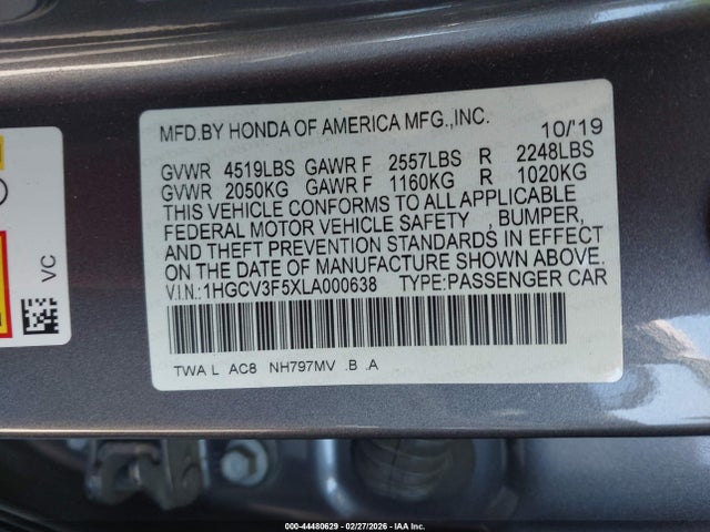 1HGCV3F5XLA000638 Honda Accord Hybrid Ex-l