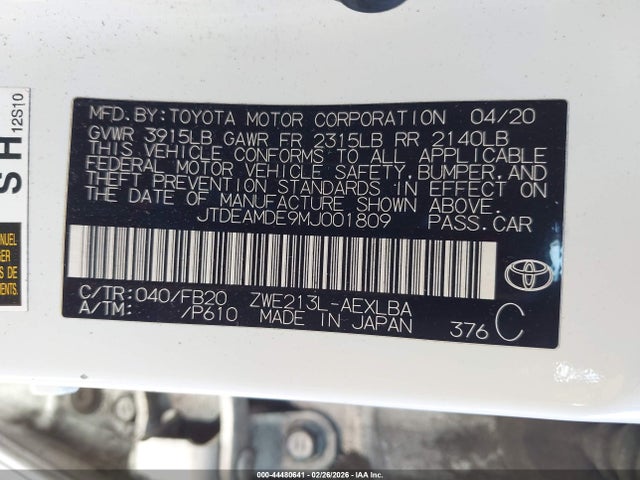 JTDEAMDE9MJ001809 Toyota Corolla Hybrid Le