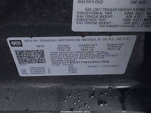 Продажа на аукционе авто 2021 Chevrolet Silverado 1500 4wd  Short Bed Rst, vin: 3GCUYEED7MG451799, номер лота: 44480656