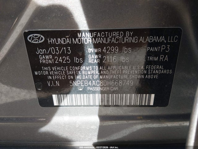 Aukcja sprzedaży 2013 Hyundai Sonata Gls, vin: 5NPEB4AC8DH668749, numer aukcji: 44480684
