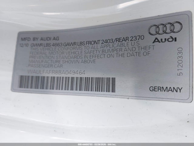 44480703 :رقم المزاد ، WAULFAFR8BA049464 vin ، 2011 Audi A5 2.0t Premium مزاد بيع