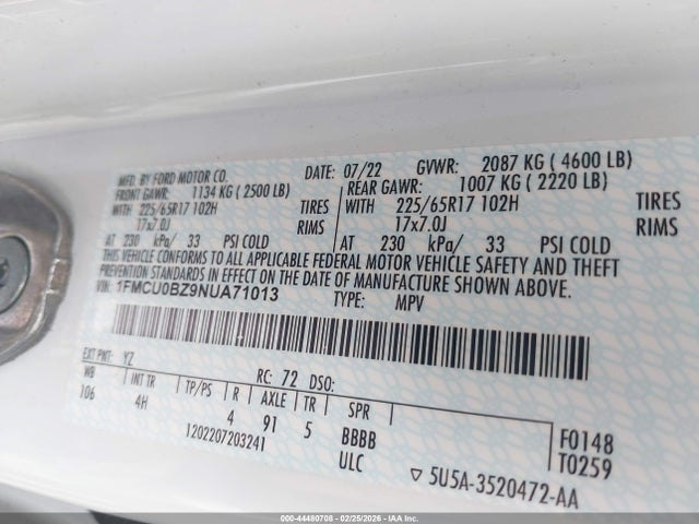 1FMCU0BZ9NUA71013 Ford Escape Se Hybrid