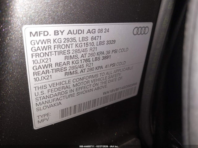 Aukcja sprzedaży 2025 Audi Q8 Premium Plus 55 Tfsi Quattro, vin: WA1BVBF14SD003866, numer aukcji: 44480711