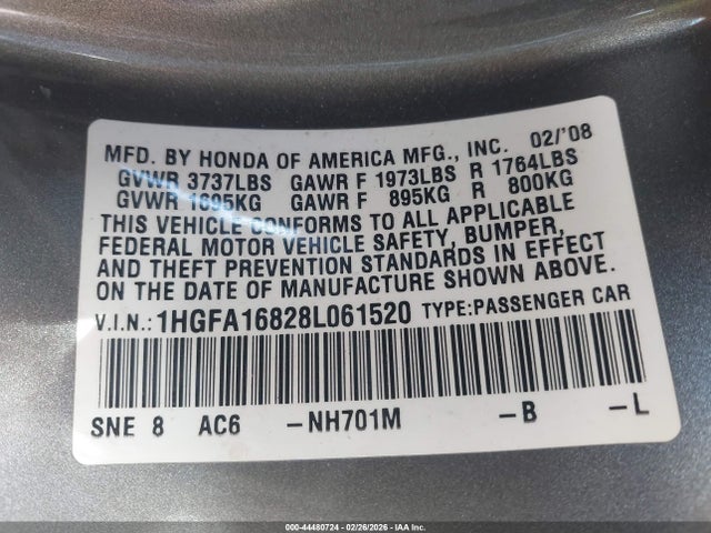Aukcja sprzedaży 2008 Honda Civic Ex, vin: 1HGFA16828L061520, numer aukcji: 44480724