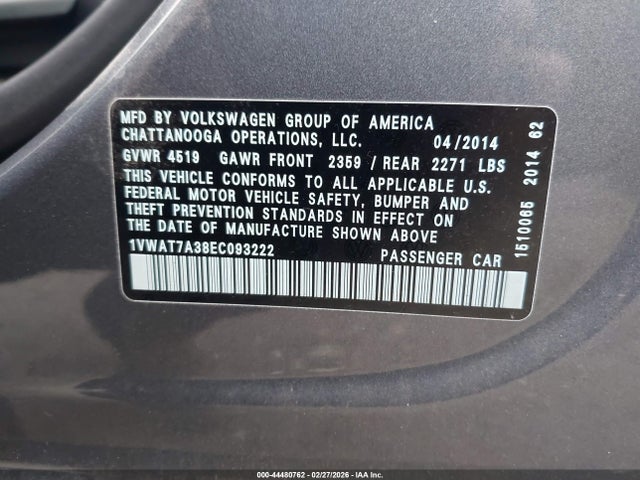 Volkswagen Passat 1.8t S 2014 1VWAT7A38EC093222 Image 9