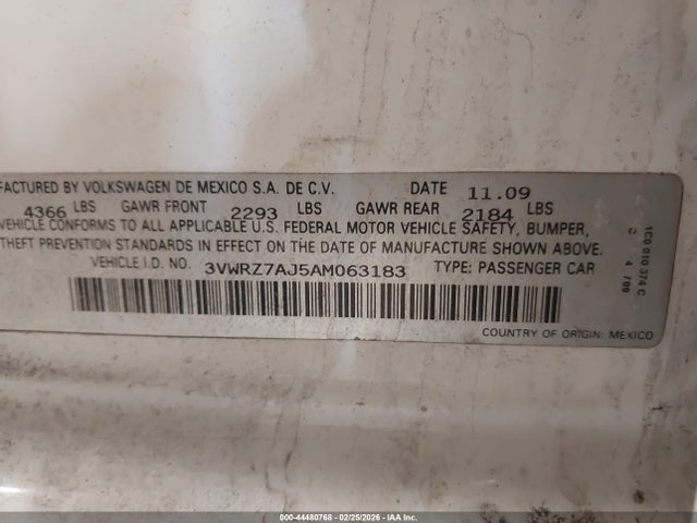 44480768 :رقم المزاد ، 3VWRZ7AJ5AM063183 vin ، 2010 Volkswagen Jetta Limited Edition/se/sel مزاد بيع