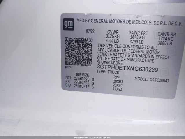 44480855 :رقم المزاد ، 3GTPHDETXNG630239 vin ، 2022 Gmc Sierra 1500 2wd  Short Box Slt مزاد بيع