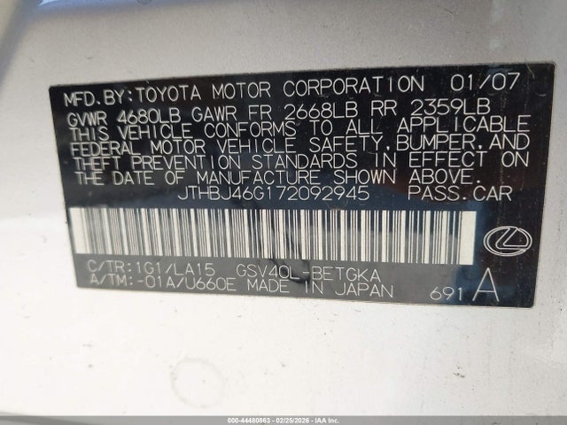 Aukcja sprzedaży 2007 Lexus Es 350, vin: JTHBJ46G172092945, numer aukcji: 44480863