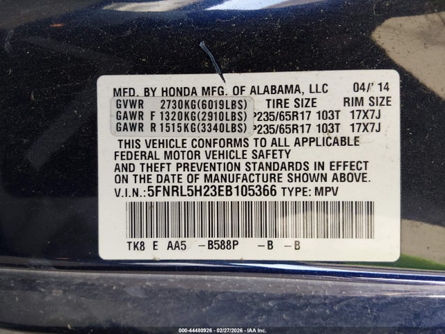 Honda ODYSSEY LX 2014 5FNRL5H23EB105366 Image 9