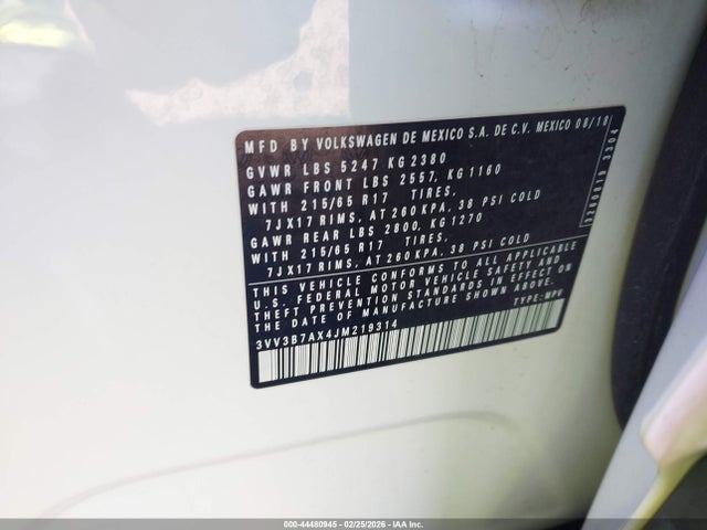 2018 Volkswagen Tiguan 2.0t Se/2.0t Sel მანქანა იყიდება აუქციონზე, vin: 3VV3B7AX4JM219314, აუქციონის ნომერი: 44480945