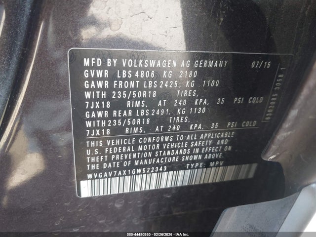 WVGAV7AX1GW522343 Volkswagen TIGUAN SE