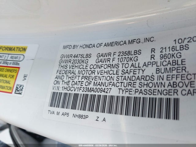 2021 HONDA ACCORD 1HGCV1F33MA009427 Photo 8