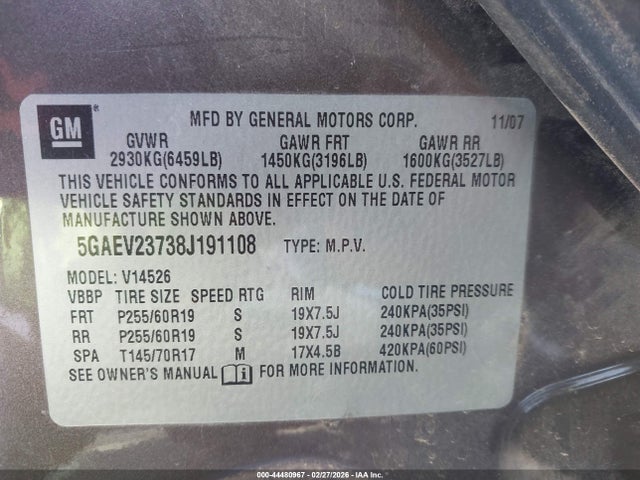 2008 Buick Enclave Cxl მანქანა იყიდება აუქციონზე, vin: 5GAEV23738J191108, აუქციონის ნომერი: 44480967