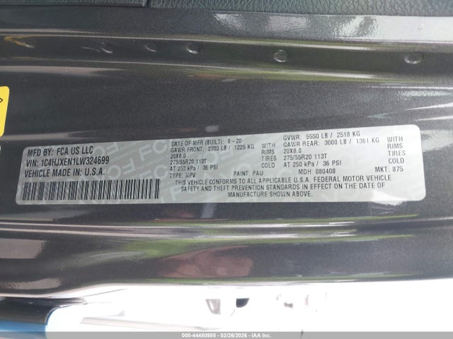 Продаж на аукціоні авто 2020 Jeep Wrangler Unlimited High Altitude 4x4, vin: 1C4HJXEN1LW324699, номер лоту: 44480985
