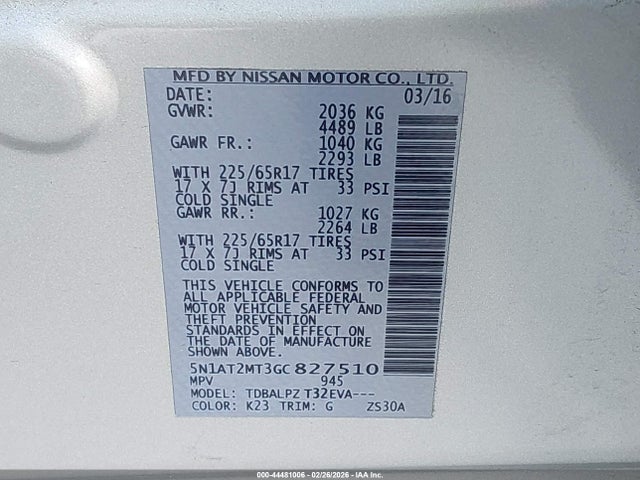 5N1AT2MT3GC827510 Nissan ROGUE S