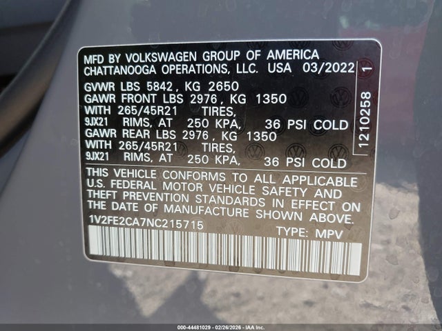 1V2FE2CA7NC215715 Volkswagen Atlas Cross Sport 3.6l V6 Sel Premium R-line
