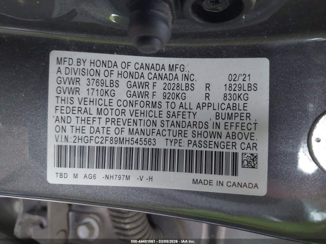 2021 Honda Civic Sport მანქანა იყიდება აუქციონზე, vin: 2HGFC2F89MH545563, აუქციონის ნომერი: 44481061