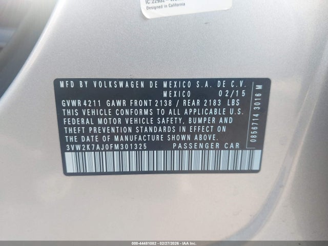 44481082 :رقم المزاد ، 3VW2K7AJ0FM301325 vin ، 2015 Volkswagen Jetta 2.0l S مزاد بيع